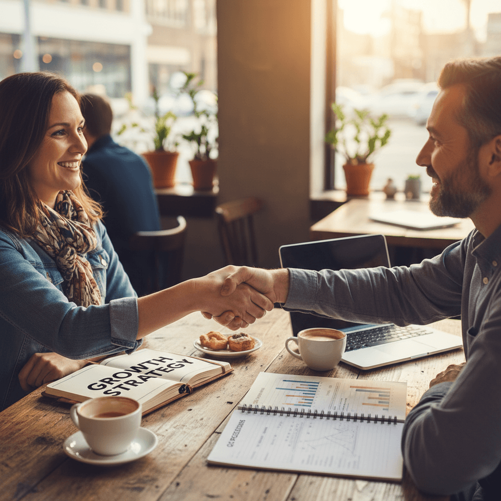Small business owner shaking hands with a consultant at a coffee shop