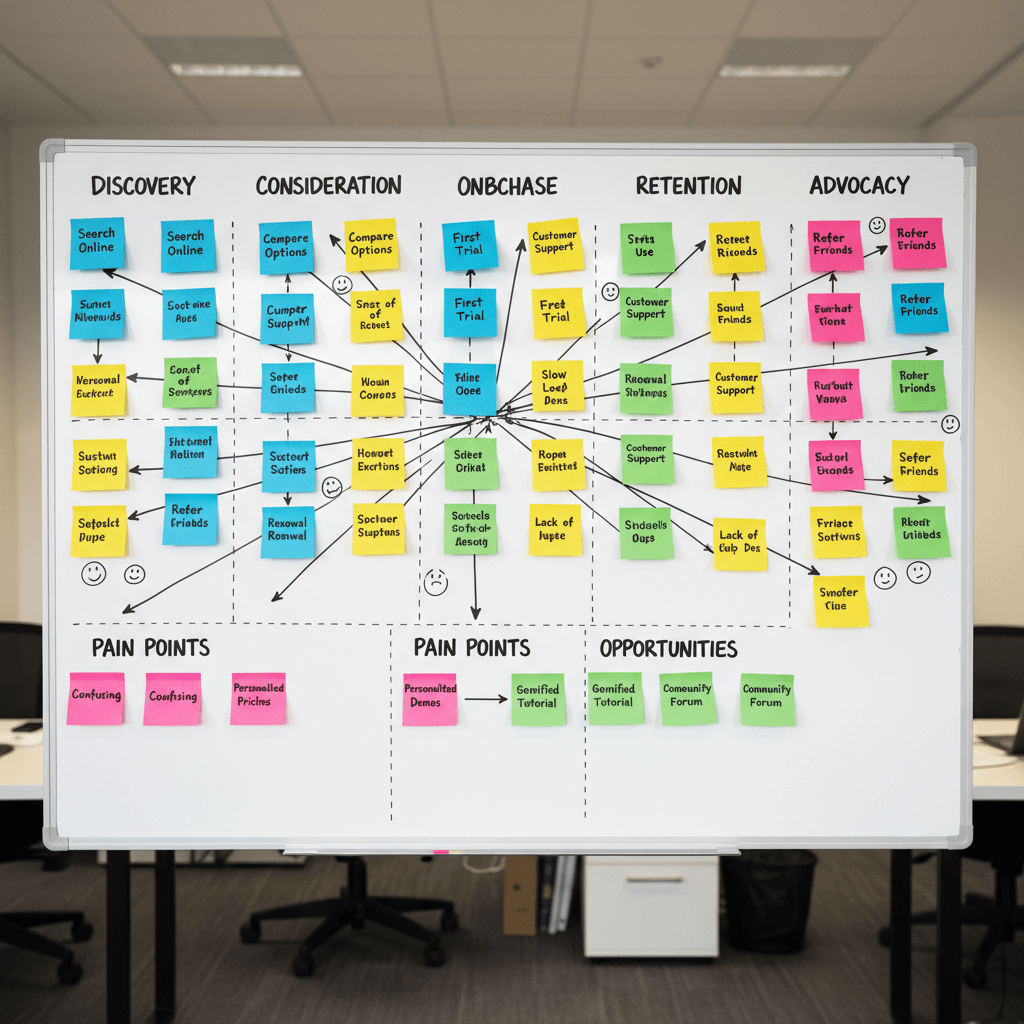 A hand places a sticky note on a customer journey map drawn on a whiteboard
