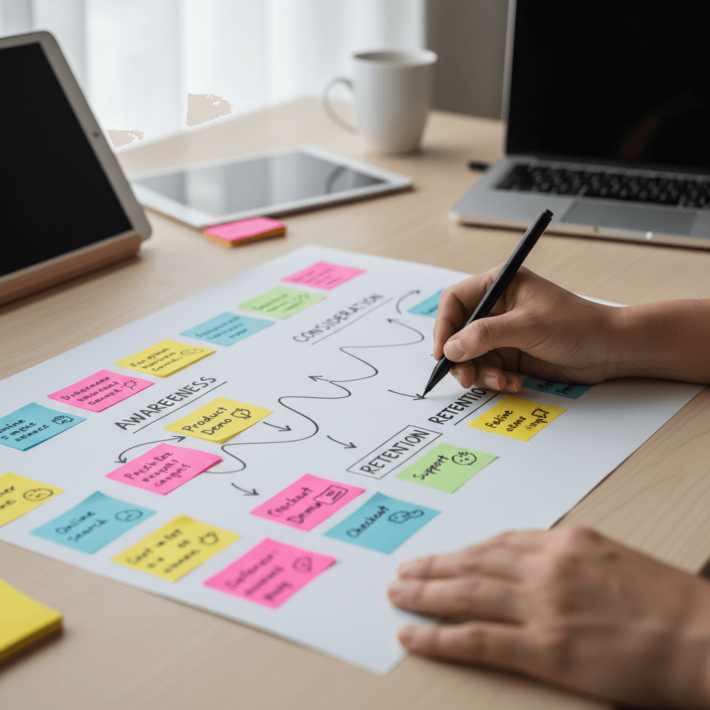 Hands sketching a customer journey map with sticky notes on a table