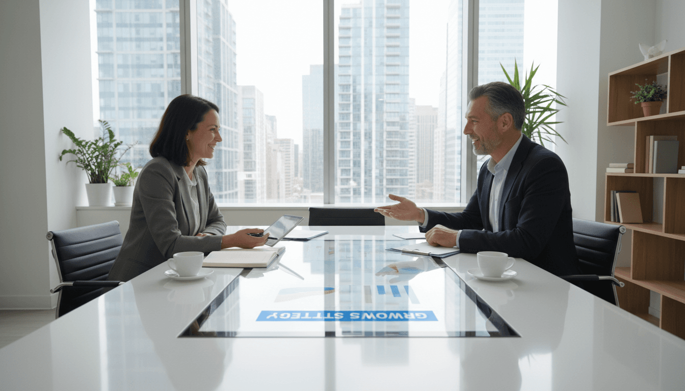Small business owner in a consultation with an advisor at a bright modern office table