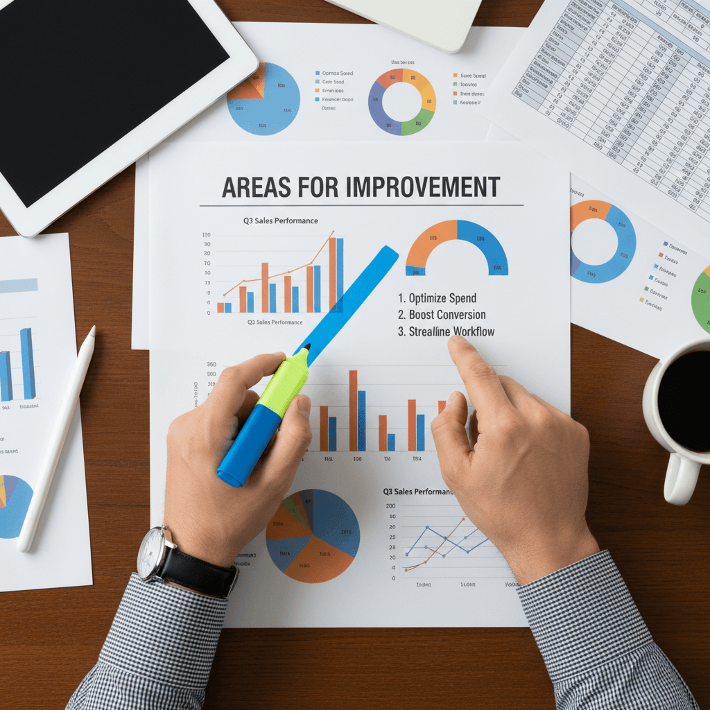 A consultant's hands point to a chart while reviewing a customer experience audit report