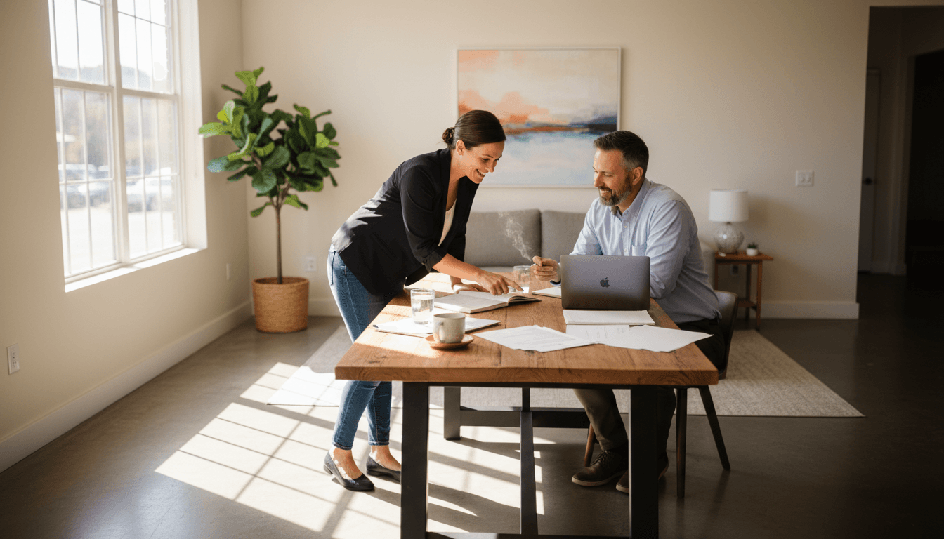 Small business owner and consultant reviewing customer journey notes together