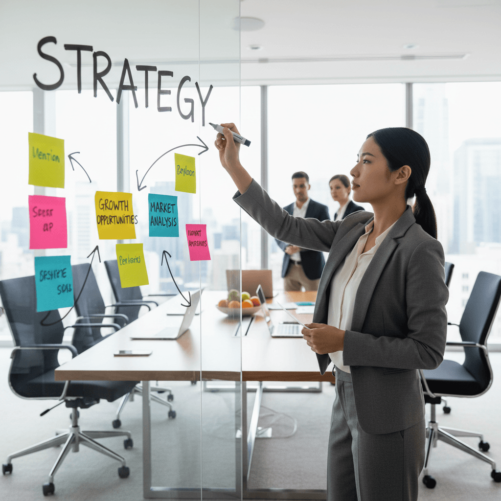 Consultant writing on a whiteboard covered in sticky notes during a strategy session