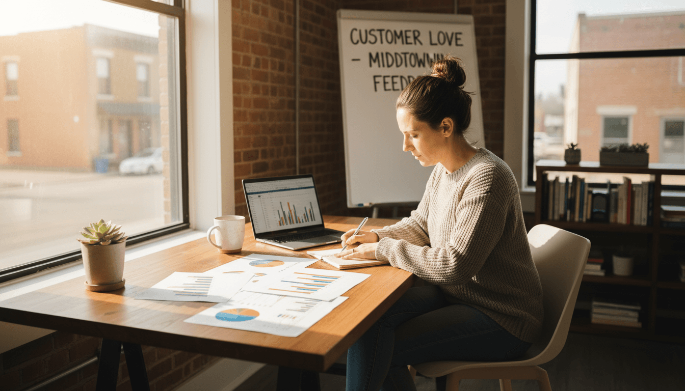 Small business owner reviewing customer feedback at a sunlit wooden desk