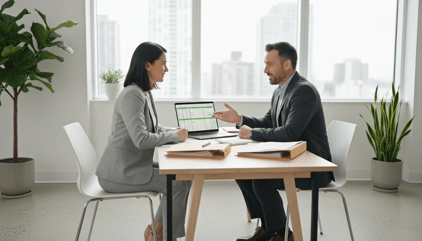 Professional consultant meeting with a small business owner at a bright modern office