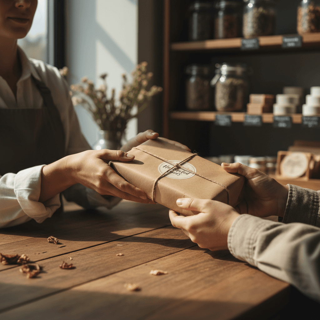 Small business owner having a friendly conversation with a customer at a shop counter