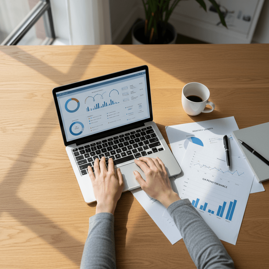 Small business owner reviewing notes at a bright modern desk with laptop and coffee