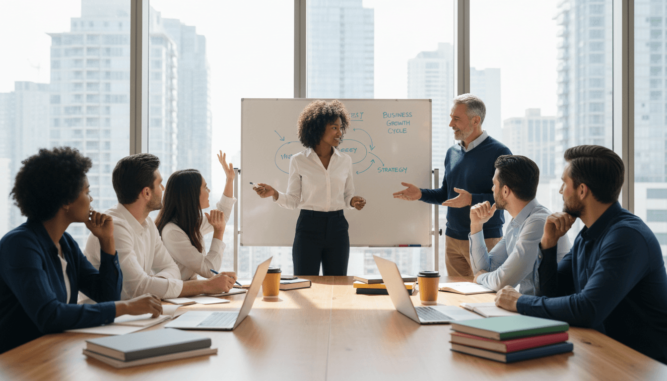 Diverse group of entrepreneurs engaged in interactive business training seminar with mentor facilitating at whiteboard and skyline views through windows