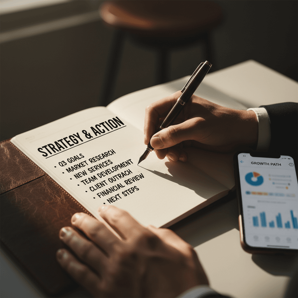 Close-up of business owner's hands writing strategic notes in notebook with smartphone coaching platform visible