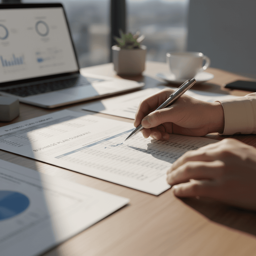 Professional consultant's hands reviewing financial documents and spreadsheets at wooden desk with pen in natural window light